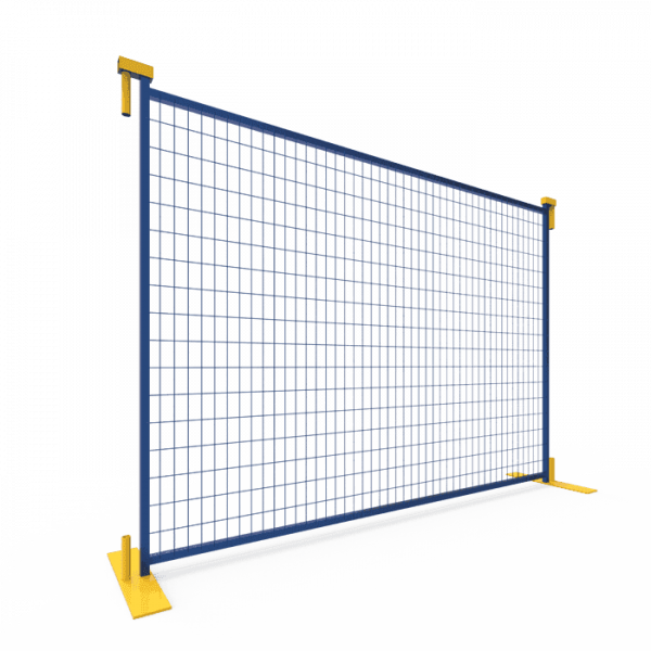 A piece of Canada temporary fence panel with yellow fence base is displayed