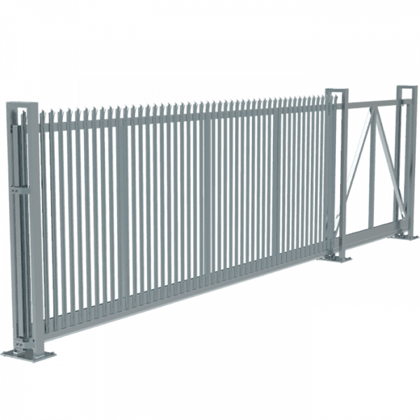 A set of curvy welded fence sliding gate on white background.