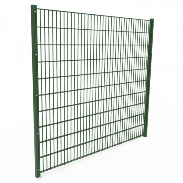 A piece of green powder coating double wire fence panel is displayed.