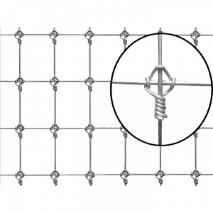 A line of fixed knot deer fence is installed on the wooden post