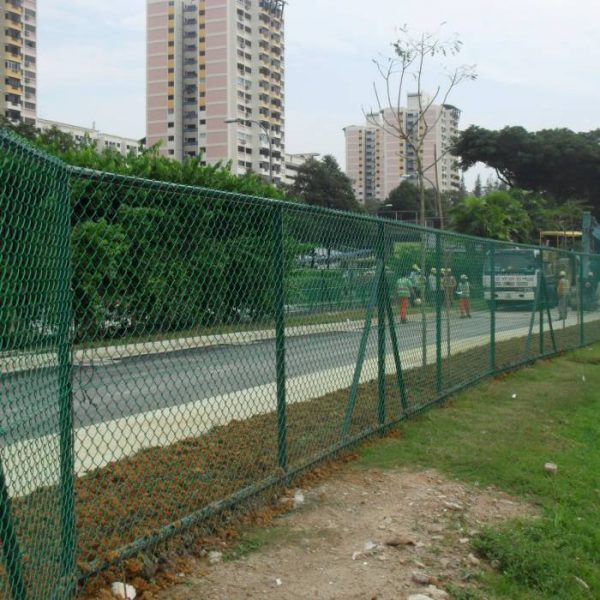 Green chain link fence is placed along the roadside