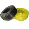 A small coil of black and yellow pvc coated wires on gray background