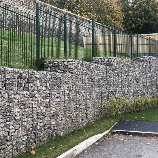 Several layers of welded gabions are installed as foundation